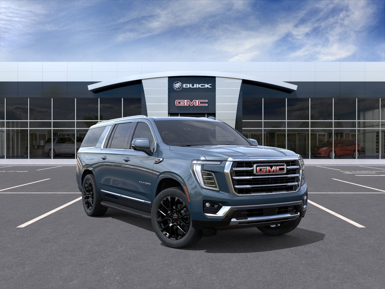 2026 GMC Yukon XL Elevation in Downpour Metallic — front three-quarter view